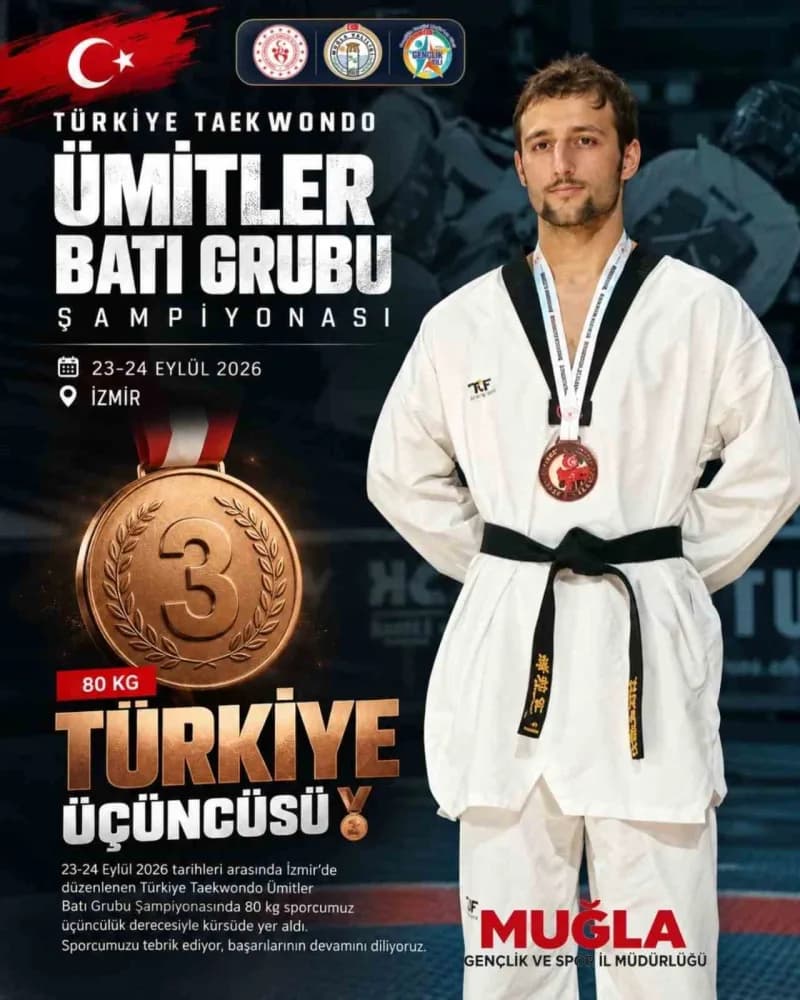 Muğlalı sporcu Semih Karabacak Türkiye Taekwondo Ümitler Batı Grubu Şampiyonası’nda bronz madalya kazanırken