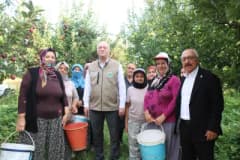 Şemsi Bayraktar Denizli Çivril’de elma bahçesinde elma hasadı yaparken üreticilerle sohbet ediyor