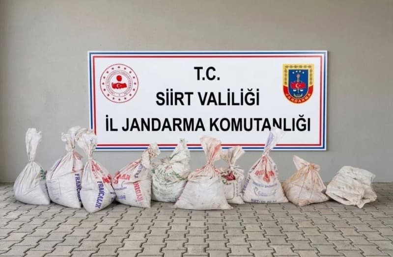 Siirt Kayaboğaz köyünde çalınan fıstıkların bulunduğu çuvallar ve jandarma ekipleri