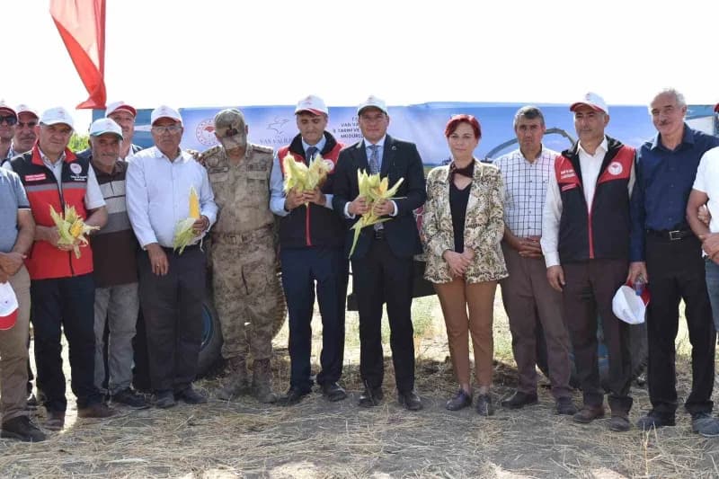 Van Tuşba Tevekli Mahallesi’nde silajlık mısır hasadı tarla günü etkinliği sırasında tarlada çalışan çiftçiler ve yetkil