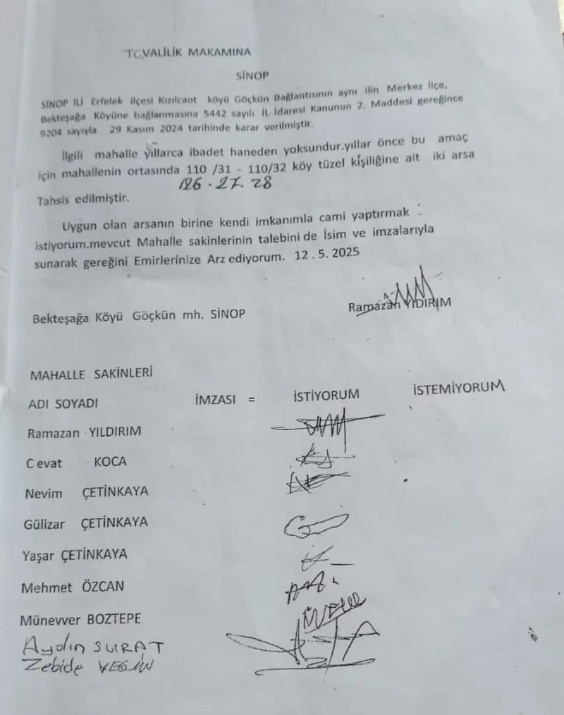 Cami için toplanan imzalar