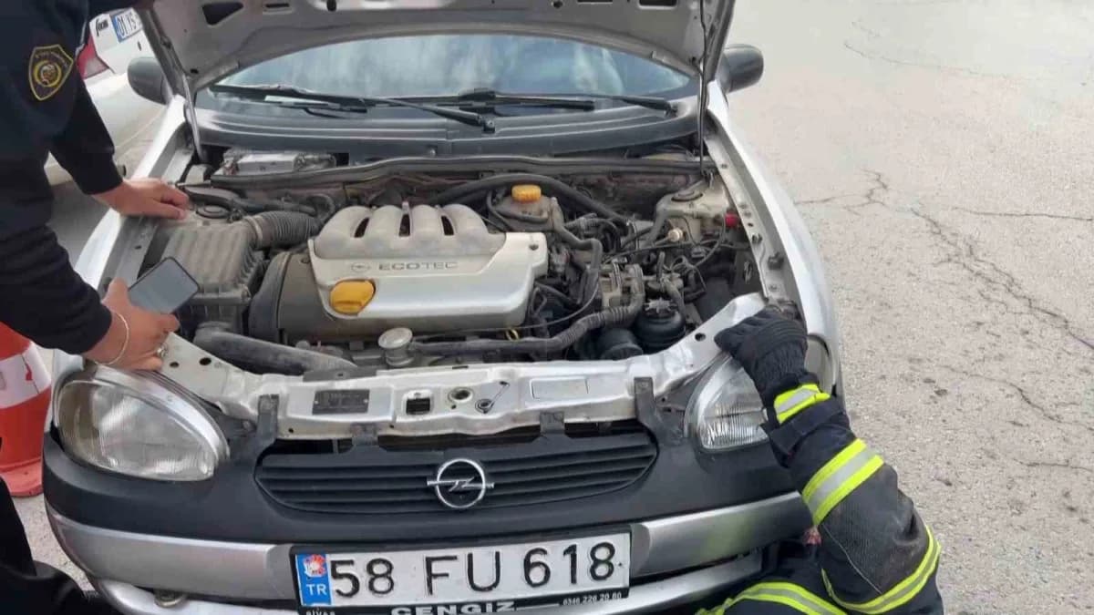 Sivas’ta seyir halindeki aracın sürücüsü, kaputun altından ses geldiğini fark etti. Motor aksamında sıkışan yavru kediyi