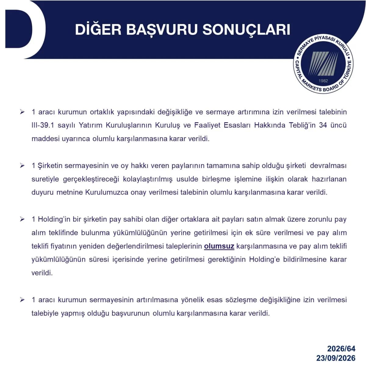 Sermaye Piyasası Kurulu (SPK), 23 Eylül 2026 tarihli bülteninde 3 gerçek ve 1 tüzel kişiye toplam 71 milyon 26 bin 385 l