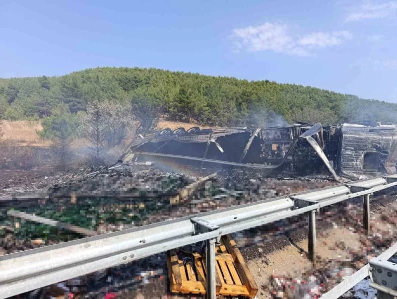Uşak Banaz'da bariyere çarpan ve alev alan alkol yüklü tırın yangın sonrası görüntüsü