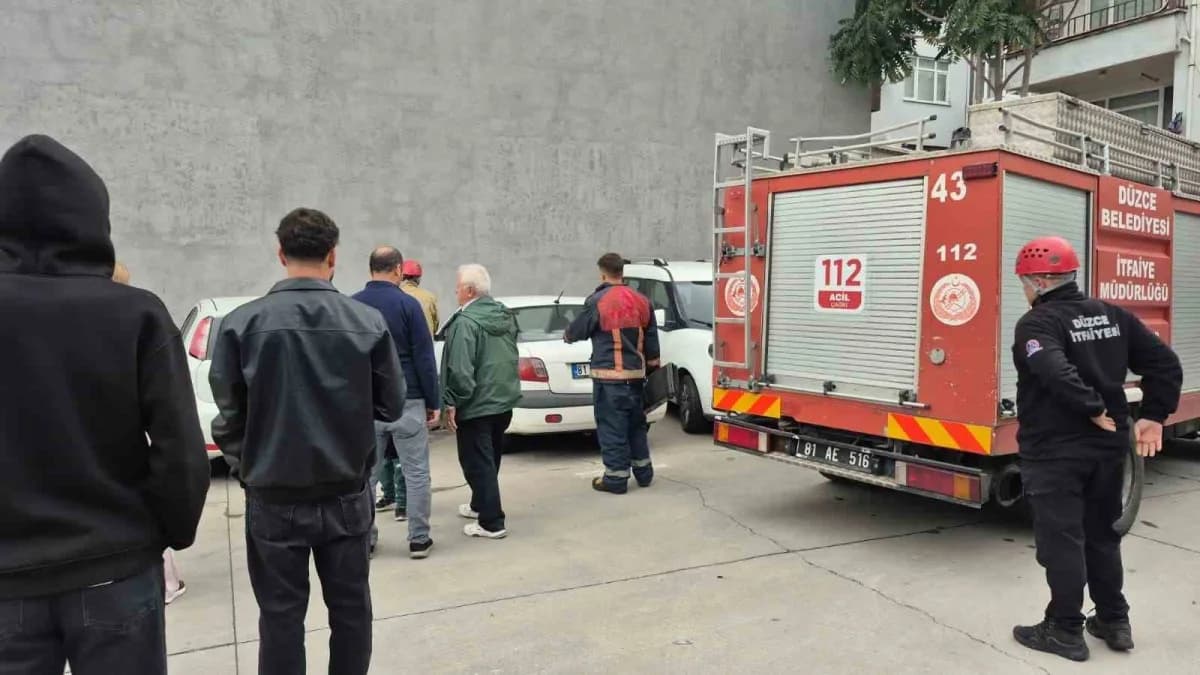 Düzce'de otoparkta motor kısmına giren yavru kedi itfaiye ekipleri tarafından kurtarılmaya çalışılıyor