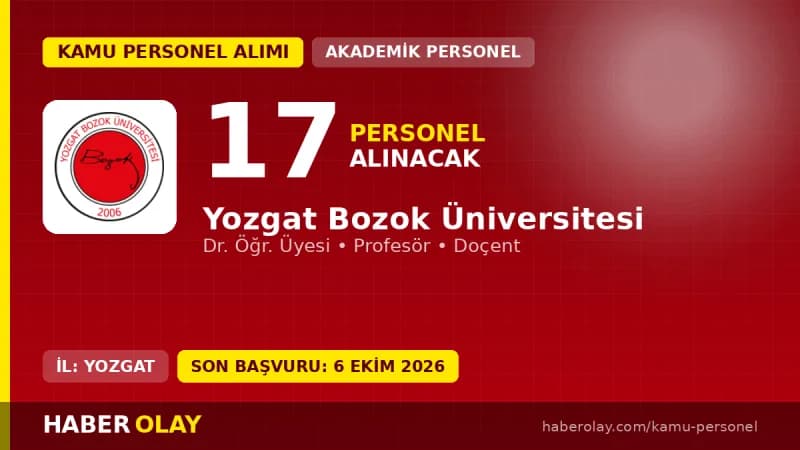 Yozgat Bozok Üniversitesi öğretim üyesi alımı ilanı, 17 kadro, başvurular 22 Eylül - 06 Ekim 2026 tarihleri arasında