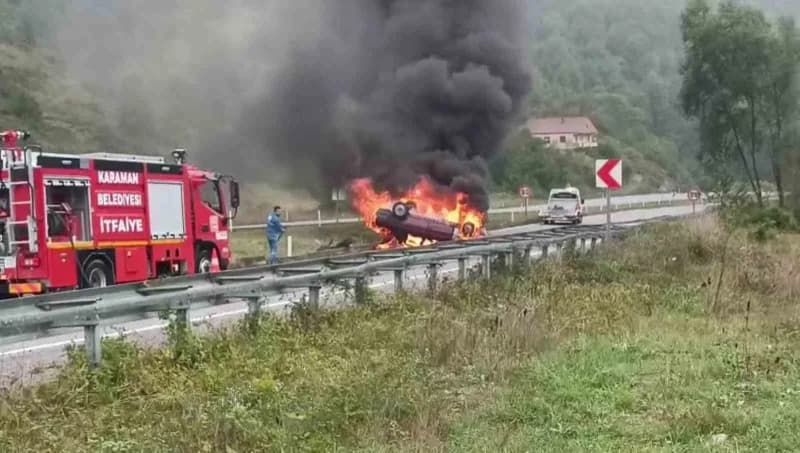 Zonguldak Sapça mevkisinde takla atan ve alev alan otomobilin yangın sonrası görüntüsü