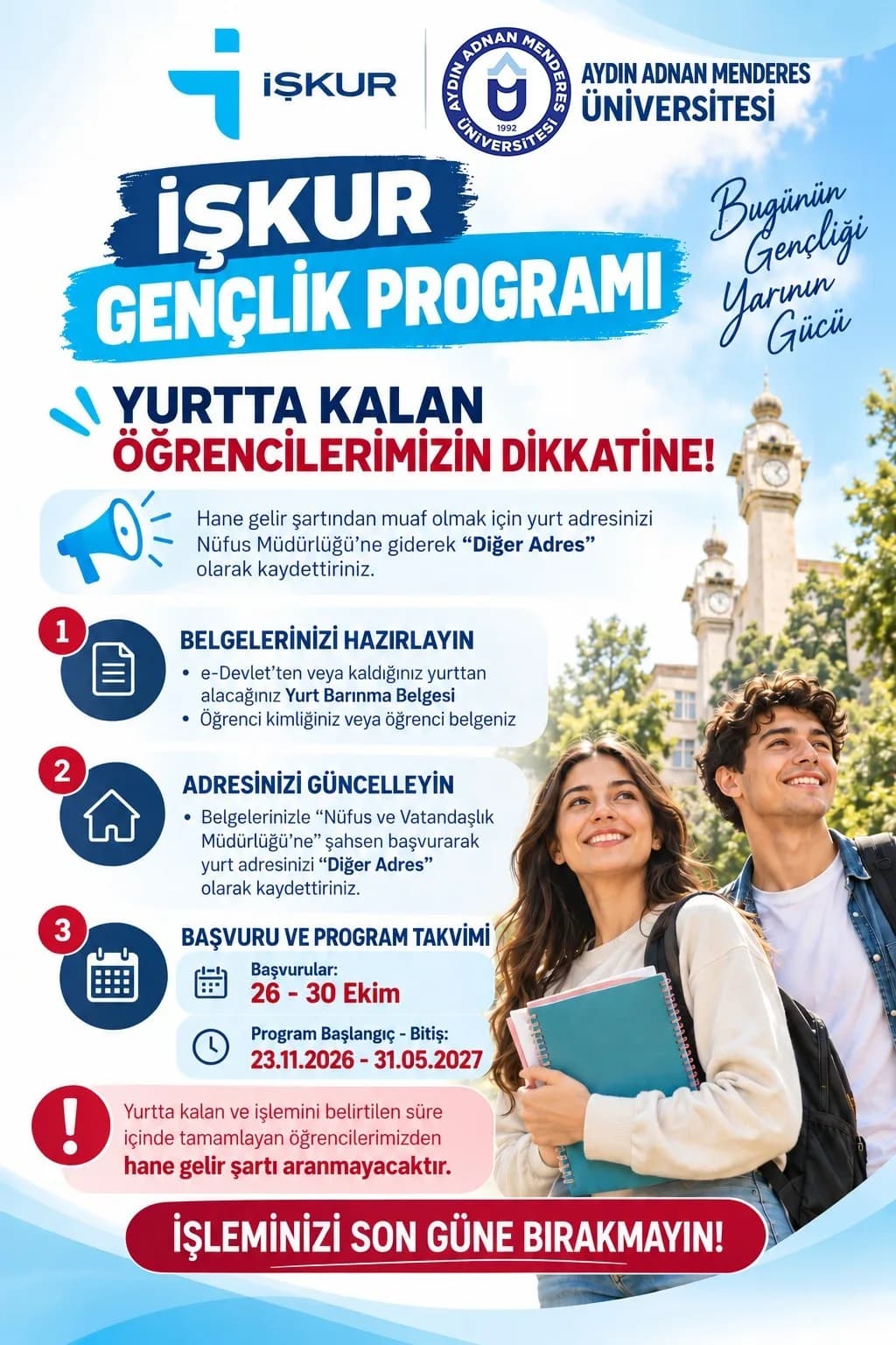 Aydın Adnan Menderes Üniversitesi'ne (ADÜ), İŞKUR Gençlik Programı kapsamında 2026-2027 eğitim-öğret
