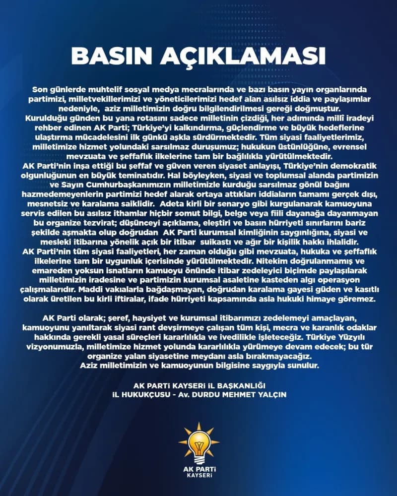 AK Parti Kayseri İl Başkanlığı sosyal medya açıklaması yapan hukukçu Durdu Mehmet Yalçın