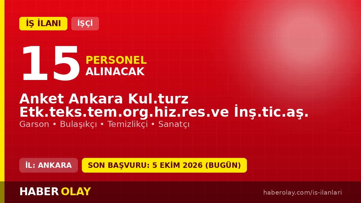 Anket A.Ş. Ankara Keçiören'de 15 işçi alımı için başvurular 5 Ekim 2026'da sona eriyor