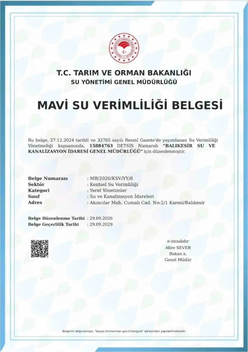 BASKİ Mavi Su Verimliliği Belgesi’ni almaya hak kazandı