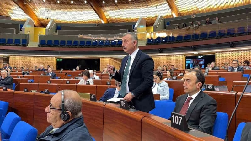 Kocaeli Büyükşehir Belediye Başkanı Tahir Büyükakın Avrupa Konseyi toplantısında konuşma yaparken