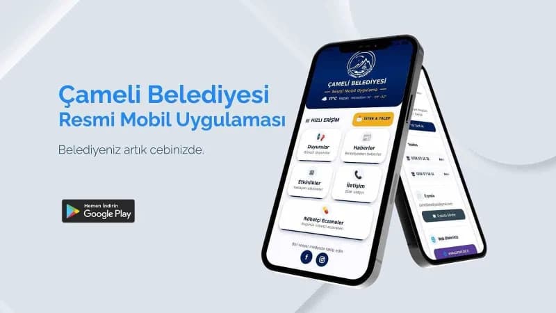 Çameli Belediyesi resmi mobil uygulamasının tanıtımı ve kullanım ekran görüntüleri