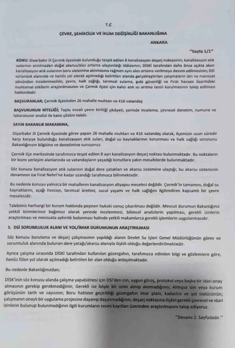 Diyarbakır’ın Çermik ilçesi Sinek çayına 8 ayrı noktadan karışan ilçenin kanalizasyon sorununun çözümü için duyarlı 26 m