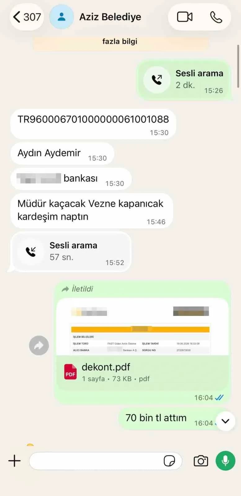 WhatsApp üzerinden yapılan yazışmalar ve para transferine ait dekontlar