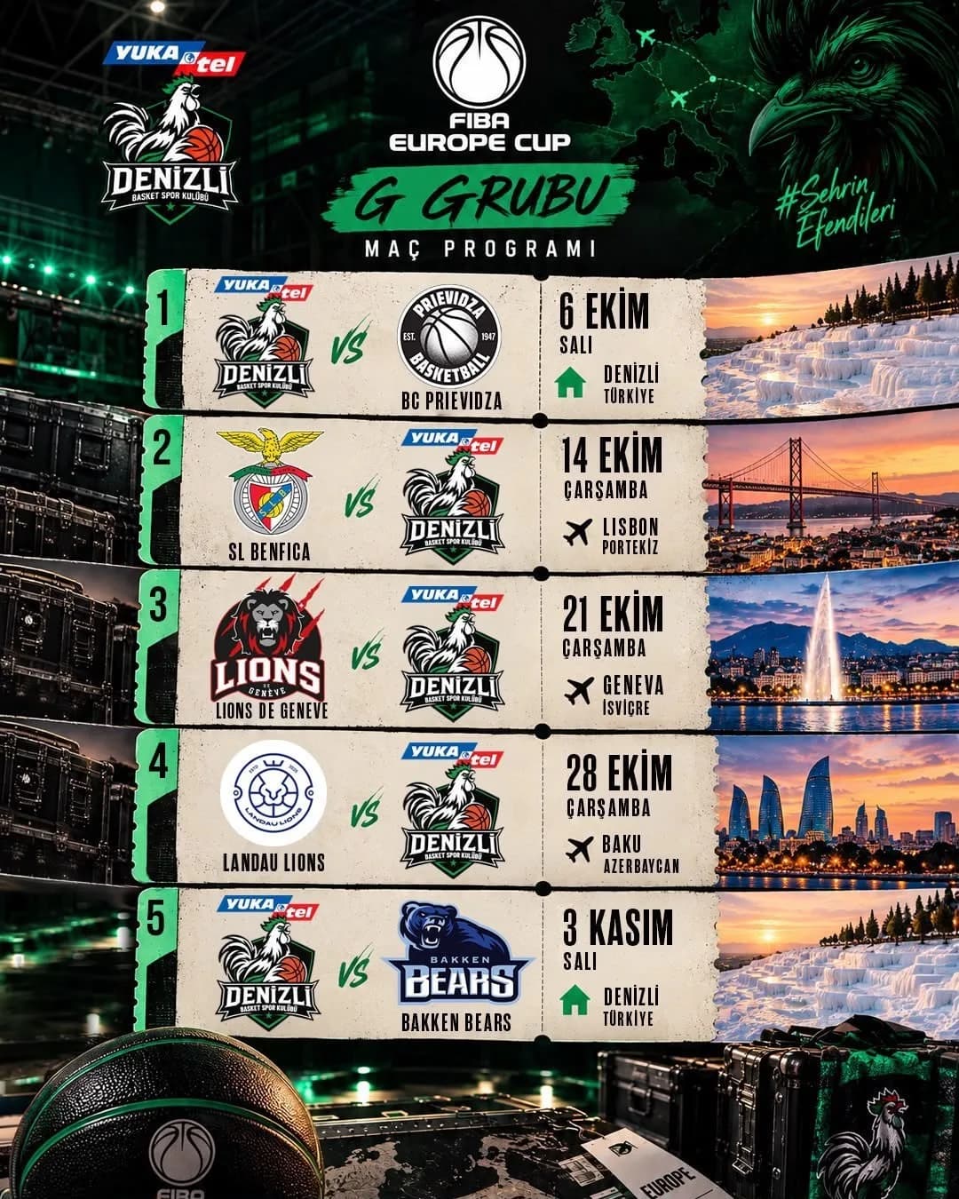 Y. Denizli Basket’in FIBA Europe Cup g Grubu’nda oynayacağı maçların programı belli oldu. Yeşil-siyahlı ekip, Avrupa sah