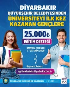 Diyarbakır Büyükşehir Belediyesi binası ve eğitim desteği alan üniversite öğrencileri