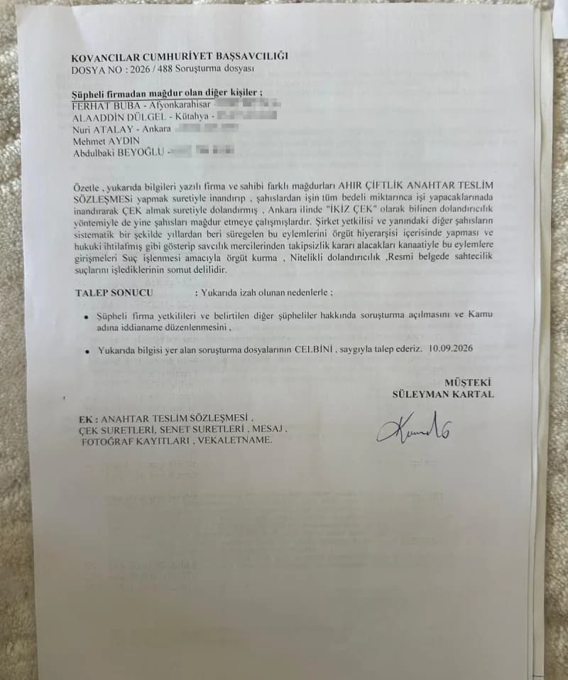 Kovancılar, Erzurum, Ankara ve istanbul anadolu Cumhuriyet başsavcılıklarına sunulan suç duyurusu dilekçelerinde, şüphel