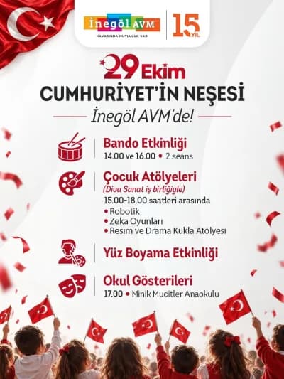 İnegöl AVM’de 29 Ekim Cumhuriyet Bayramı kutlamaları kapsamında bando gösterisi ve çocuk etkinlikleri düzenleniyor