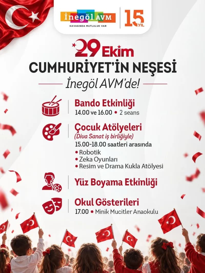 İnegöl AVM’de 29 Ekim Cumhuriyet Bayramı kutlamaları kapsamında bando gösterisi ve çocuk etkinlikleri düzenleniyor