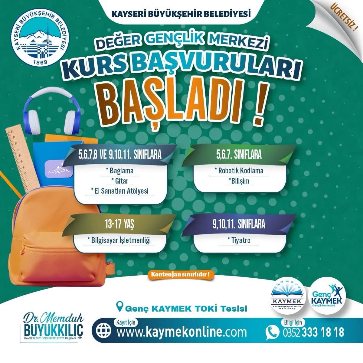 Kayseri Değer Gençlik Merkezi’nde gençlerin katıldığı ücretsiz kurslardan bir görüntü