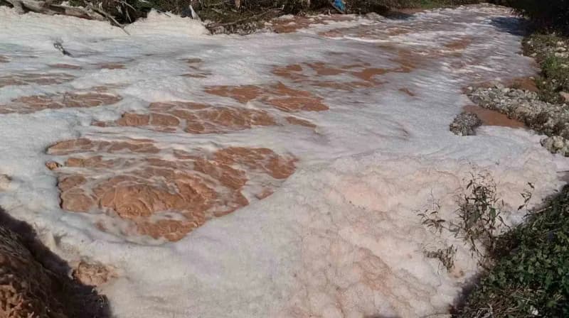Kocaeli Gebze Tavşanlı Mahallesi Elmacık Deresi’nde köpüren ve koku yayan dere görüntüsü