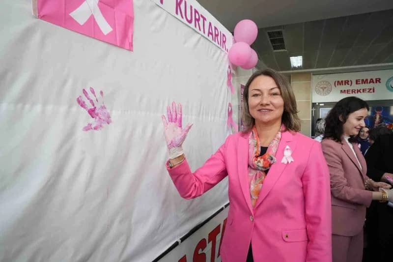 Muş Valisi Avni Çakır’ın eşi Bahar Çakır pembe boya ile beyaz perde üzerine el izlerini bırakarak ça