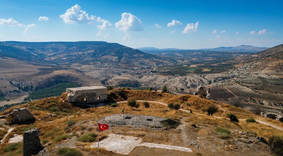 Kilis Polateli ilçesindeki Ravanda Kalesi'nin yüksek tepeden çekilmiş tarihi ve doğal manzarası