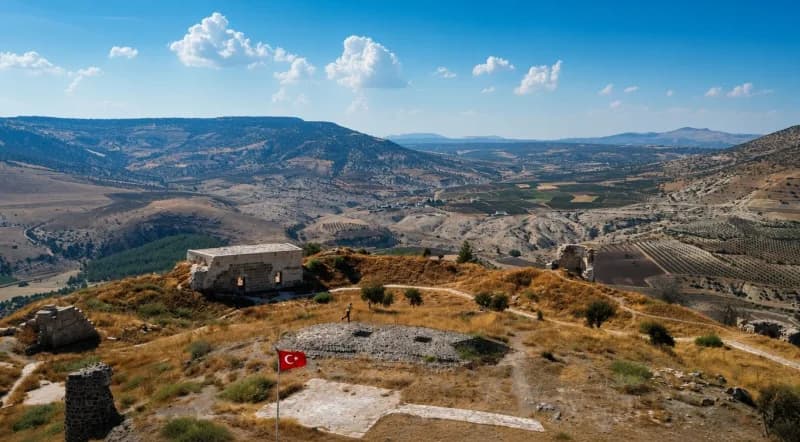 Kilis Polateli ilçesindeki Ravanda Kalesi'nin yüksek tepeden çekilmiş tarihi ve doğal manzarası