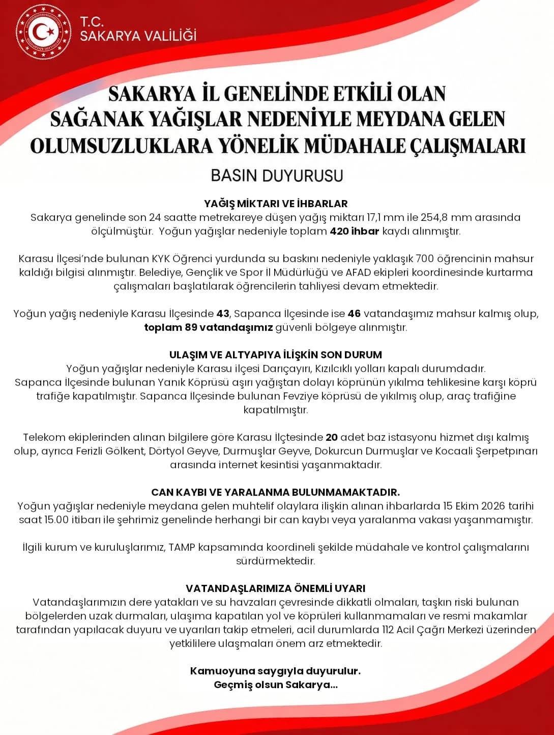 Sakarya'da kuvvetli yağış sonrası su baskını ve kurtarma çalışmaları