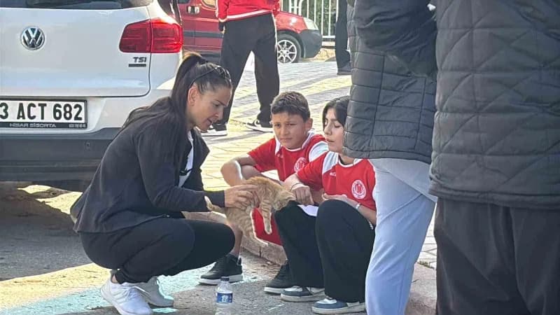 Küçük kediyi sakinleştirme görevi ise şaşkınlık ve tebessümle izleyen öğretmen ve öğrencilere kaldı