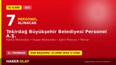Tekirdağ Büyükşehir Belediyesi Personel A.Ş. mühendis personel alımı ilanı