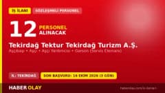 Tekirdağ Tektur Tekirdağ Turizm A.Ş. personel alımı ilanı, 12 pozisyon için başvurular 16 Ekim 2026'ya kadar devam ediyo