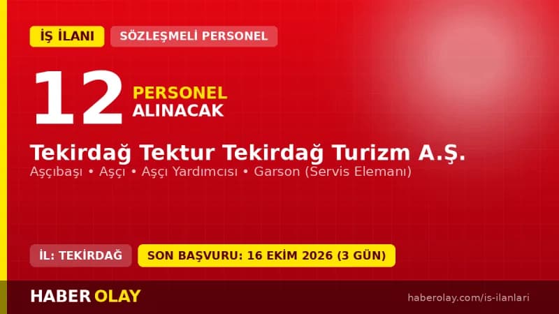 Tekirdağ Tektur Tekirdağ Turizm A.Ş. personel alımı ilanı, 12 pozisyon için başvurular 16 Ekim 2026'ya kadar devam ediyo