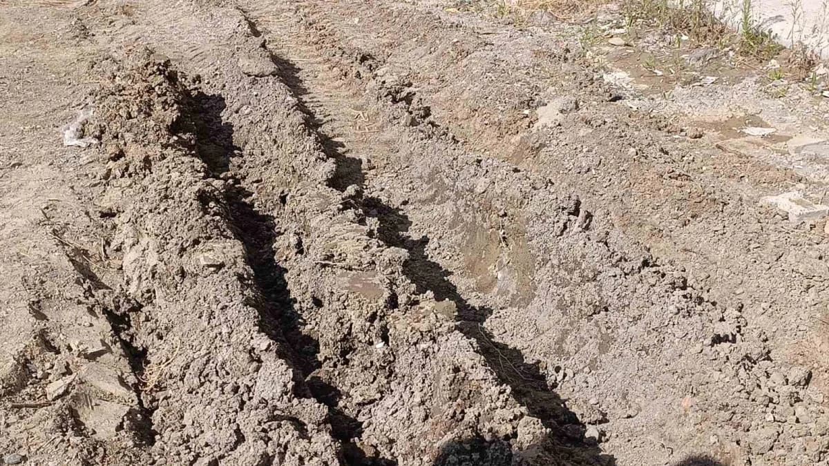 Tekirdağ Süleymanpaşa Altınova Mahallesi’nde çamurlu ve bozuk yolun önünde pankart asan mahalle sakinleri