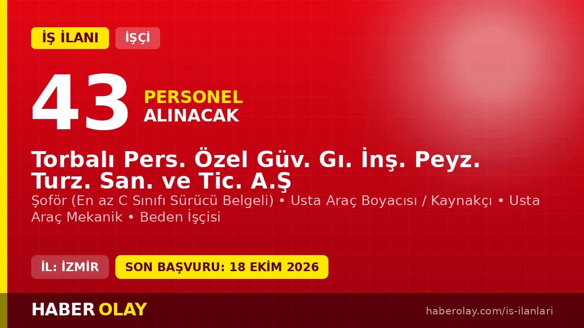 Torbalı Pers. Özel Güv. Gıda İnşaat Peyzaj Turizm Sanayi ve Ticaret A.Ş işçi alımı ilanı başvuru detayları