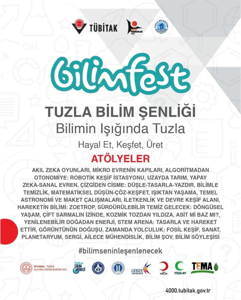 TÜBİTAK 4007 desteğiyle düzenlenen BilimFest Tuzla Bilim Şenliği, 8-10 Ekim tarihleri arasında Şelale Eğitim Parkı’nda ç