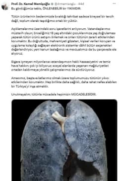 Sağlıksız akciğer görüntüsü ve Sağlık Bakanı Kemal Memişoğlu'nun tütün ürünlerinin zararlarına dair açıklaması