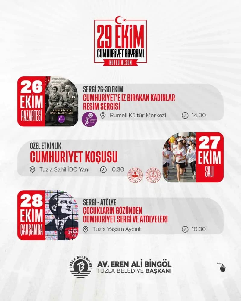 Tuzla Belediyesi, Cumhuriyet’in 103'üncü yıl dönümünü konserden Spor etkinliklerine, sergilerden Hal