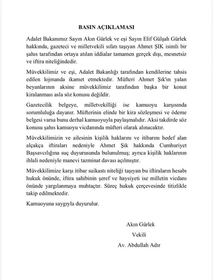 Adalet Bakanı Akın Gürlek’in avukatı Abdullah Adır basın açıklaması yapıyor