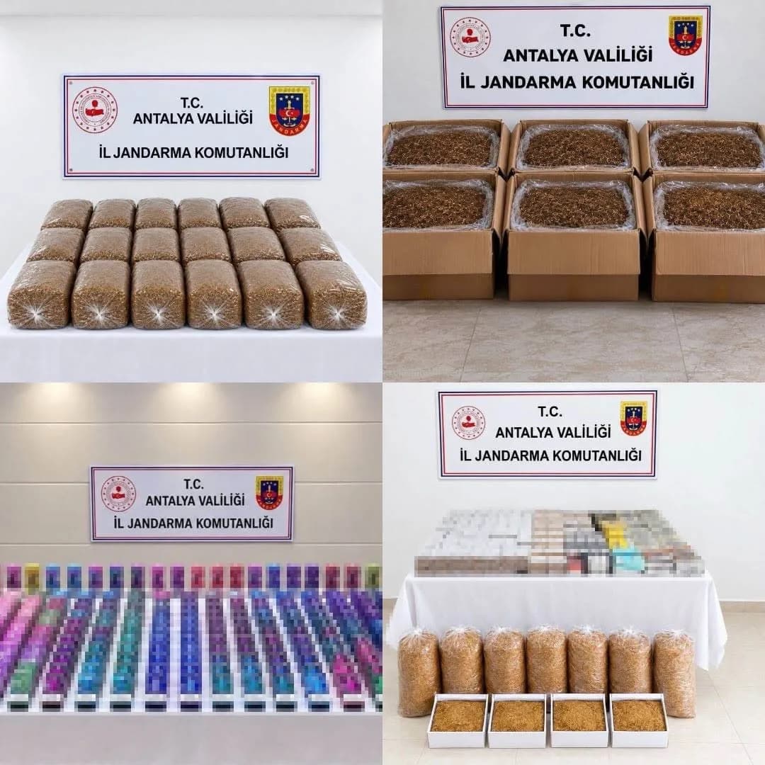 Antalya’da jandarma ekiplerinin kaçak tütün ve tütün mamullerine yönelik operasyonu sırasında ele geçirilen ürünler