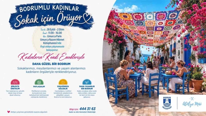 Bodrum’da kadınların el emeğiyle örülen renkli motiflerin sergilendiği sokak çalışması