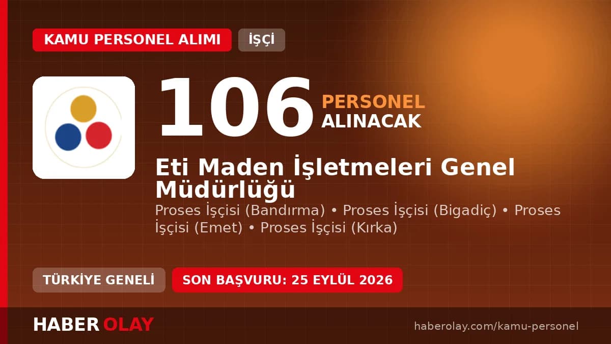 Eti Maden İşletmeleri Genel Müdürlüğü 106 sürekli işçi alımı başvuru duyurusu