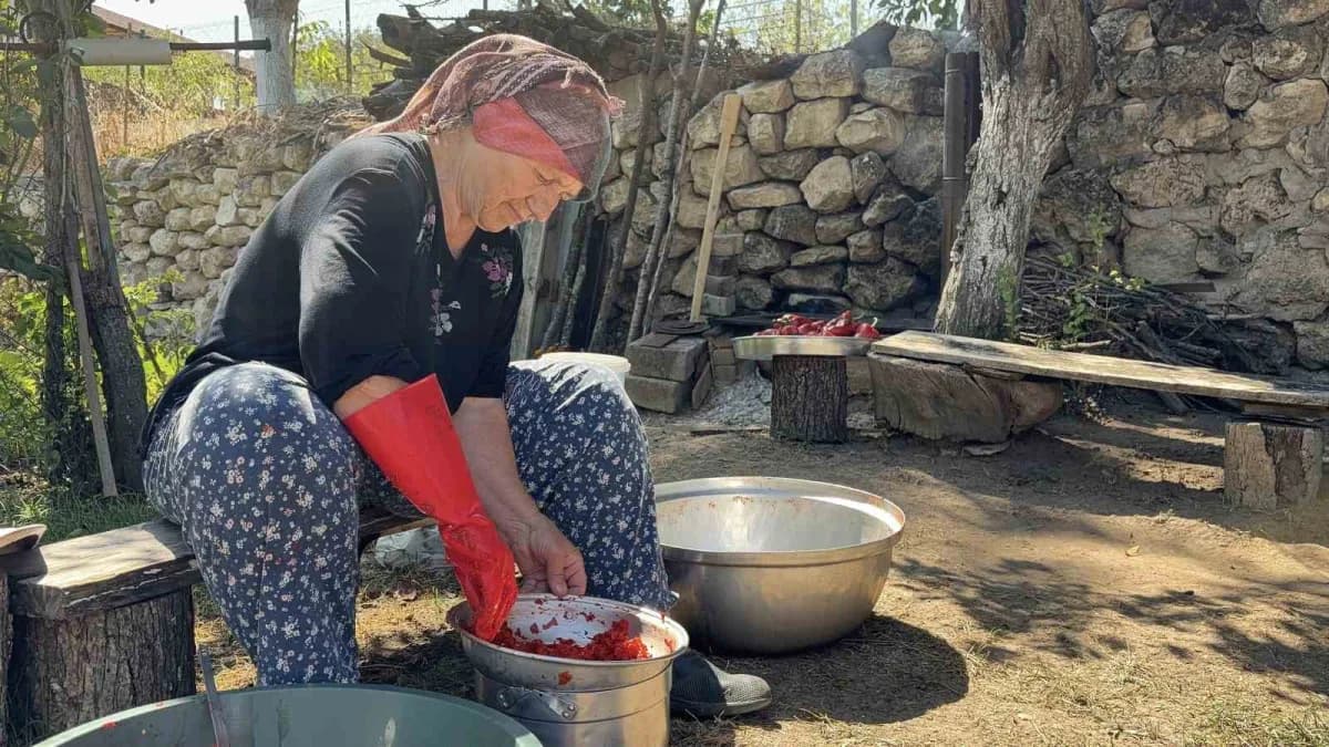 Kırklareli Soğucak köyünde kışlık salça hazırlığı yapan yaşlı kadın