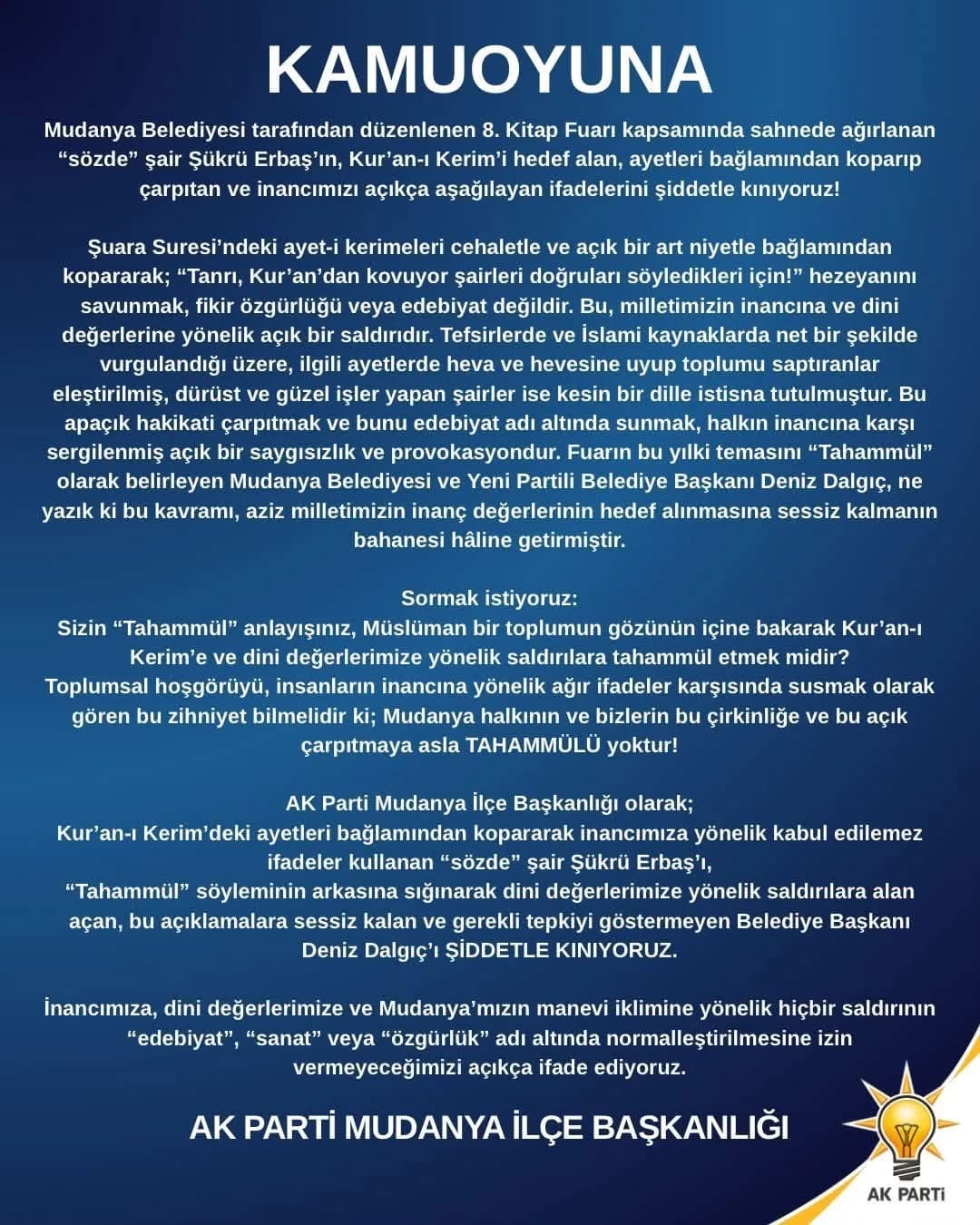 Mudanya Kitap Fuarı’nda Şükrü Erbaş’ın Şuara Suresi ile ilgili açıklamalarına tepki gösterildi
