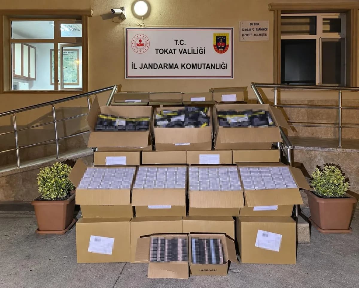 Tokat'ta jandarma ekipleri kaçak tütün operasyonunda ele geçirilen bandrolsüz makaronları inceliyor