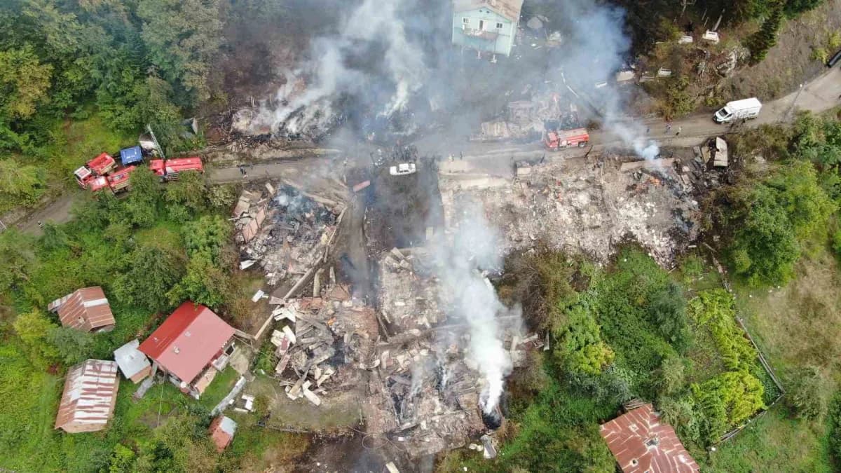 Kastamonu İnebolu Deresökü köyünde çıkan yangında zarar gören evlerin havadan görünümü