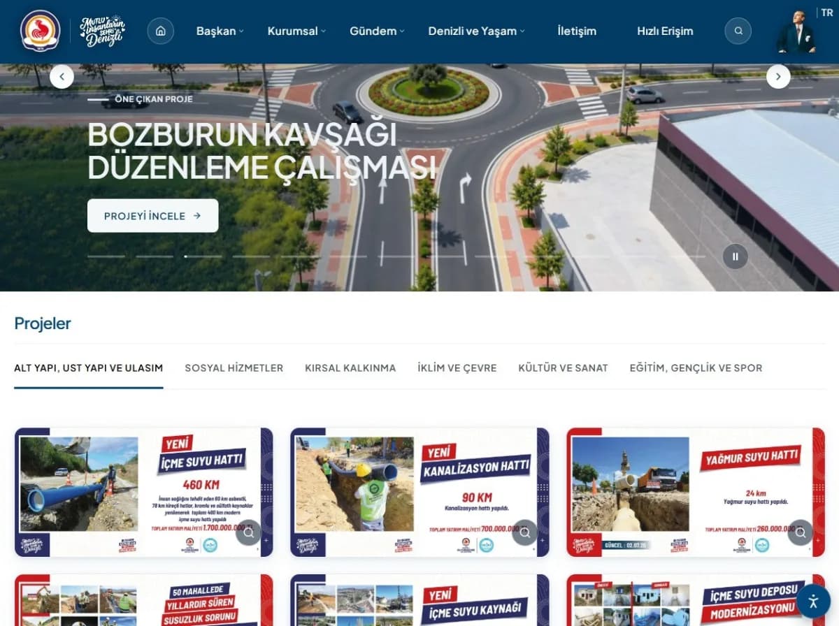 Denizli Büyükşehir Belediyesi resmi internet sitesinin yenilenen modern ve erişilebilir dijital arayüzü